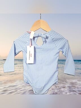 Vineyard Vines NWT Blue Gingham Long-Sleeve Baby One-Piece Swimsuit (6-12M)